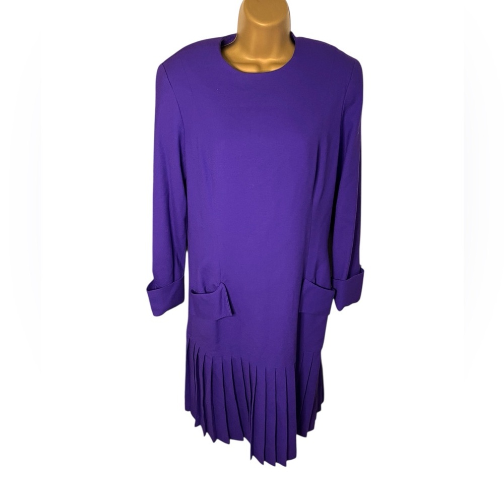 Vtg 80s 90s Bill Blass Pleated Hem Wool Dress Gold Button Cuffs Purple 12